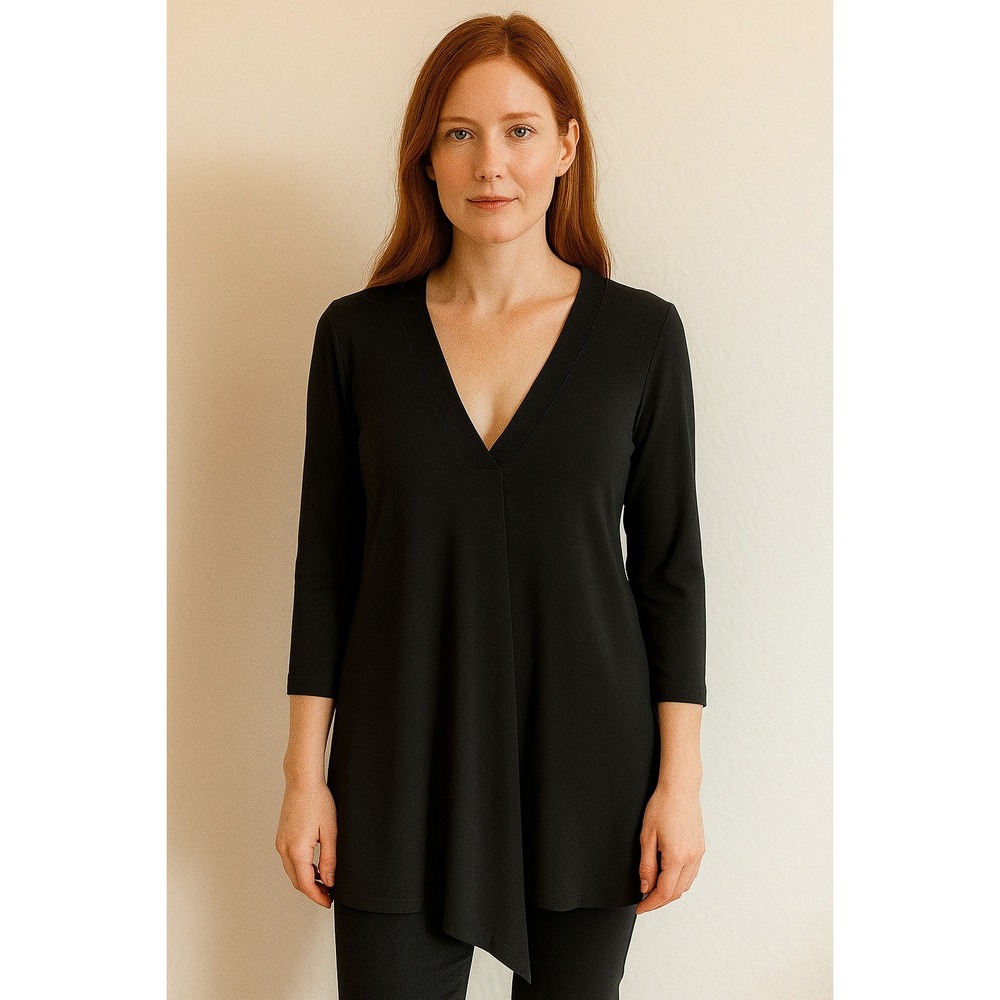 Eva Varro Top Womens Medium Black Lagenlook Flowy Tunic Long Sleeve Stretch